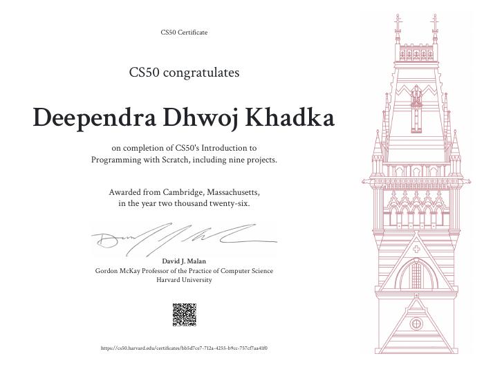 CS50 Introduction to Programming with Scratch certificate awarded to Deependra Dhwoj Khadka
